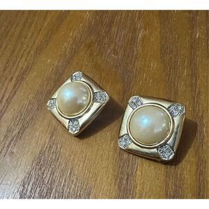 Vintage Premier Designs Two Tone Clip On Faux Pearl Diamond 80s Retro Earrings